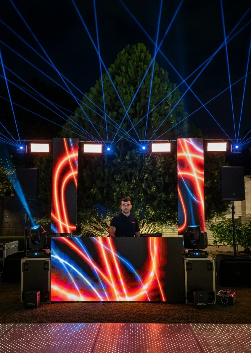 Pantallas LED en cabina de DJ con láser