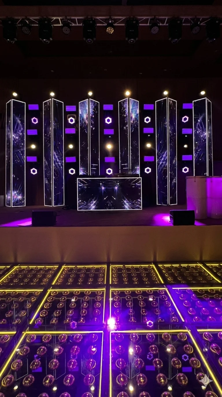 Escenario con columnas y pantallas LED